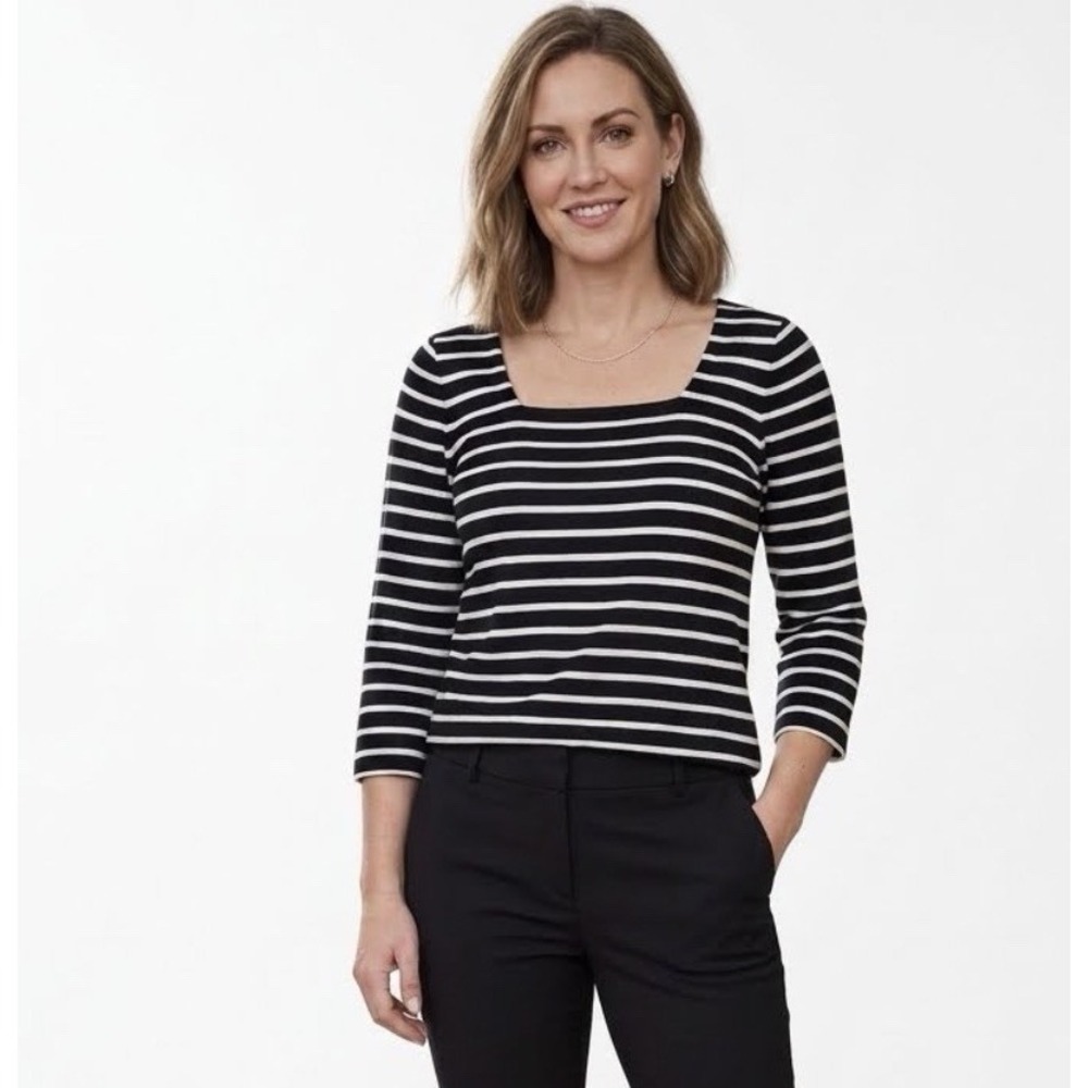Chico's Top Women's Size S Black White Striped Square Neckline 3/4 Sleeve Blouse